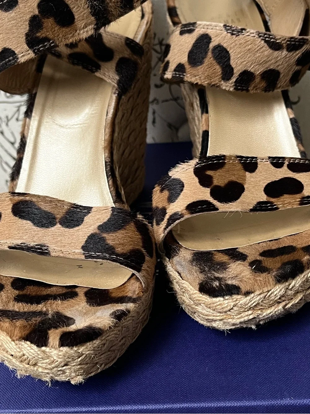 Stuart Weitzman Leopard Print Espadrille Wedge Sandals - Tan/Black Size 11 - Picture 2 of 11
